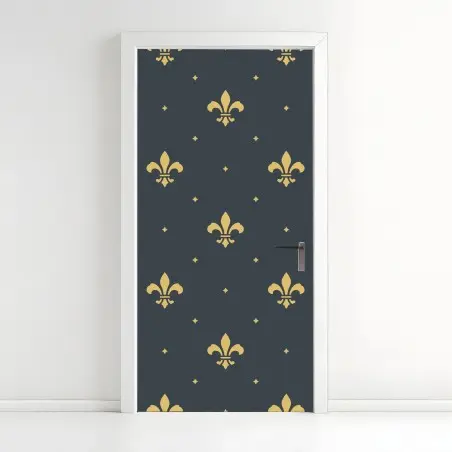 Pegatina para puerta patrón ornamental de flor de lis en dorado sobre azul marino – Pixers®