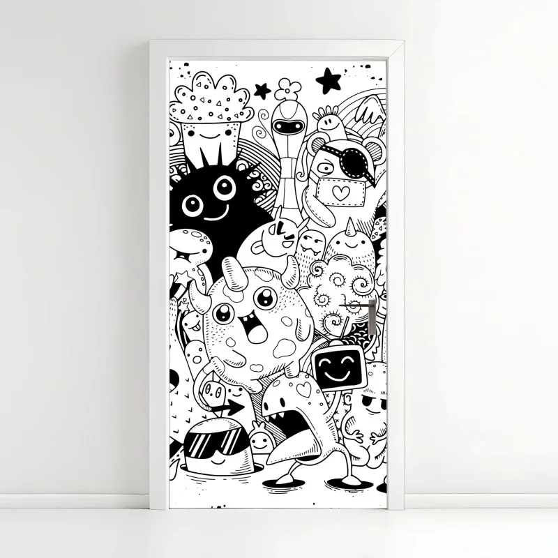 Pegatina para puerta explosión de personajes doodle en blanco y negro