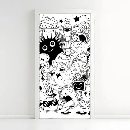 Pegatina para puerta explosión de personajes doodle en blanco y negro – Pixers®