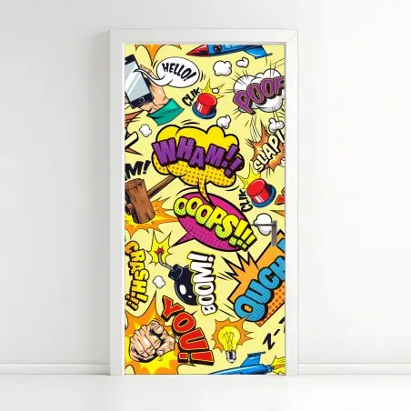 Pegatina para puerta patrón pop art de onomatopeyas y explosiones – Pixers®