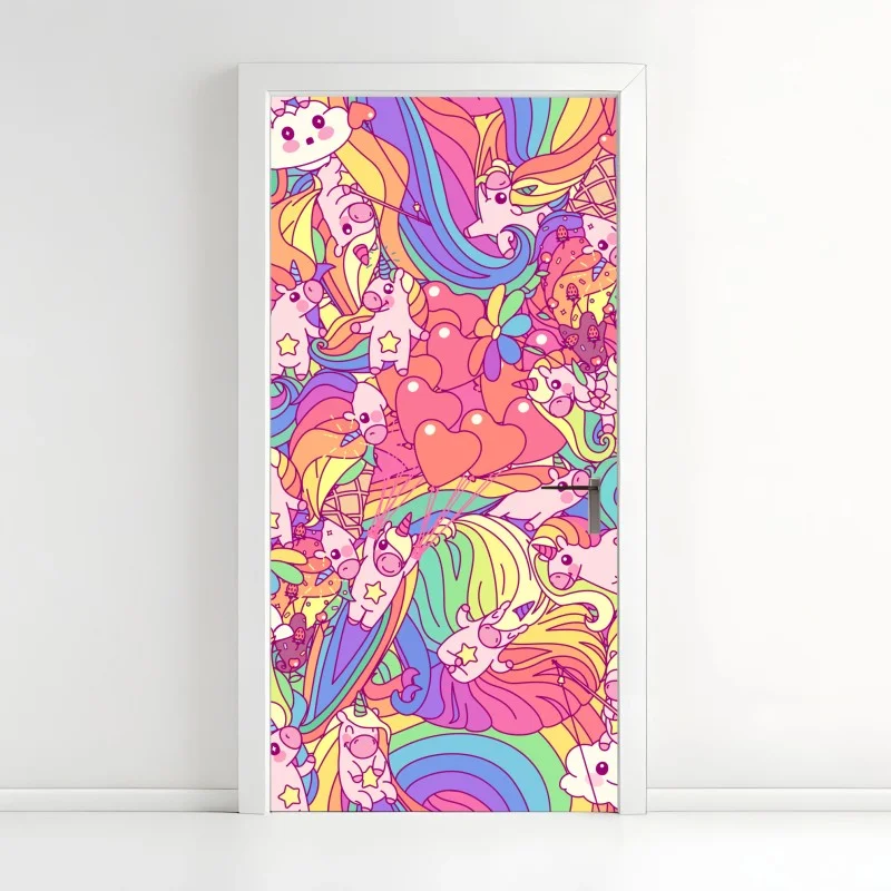 Pegatina para puerta mundo de unicornios y arcoíris encantados