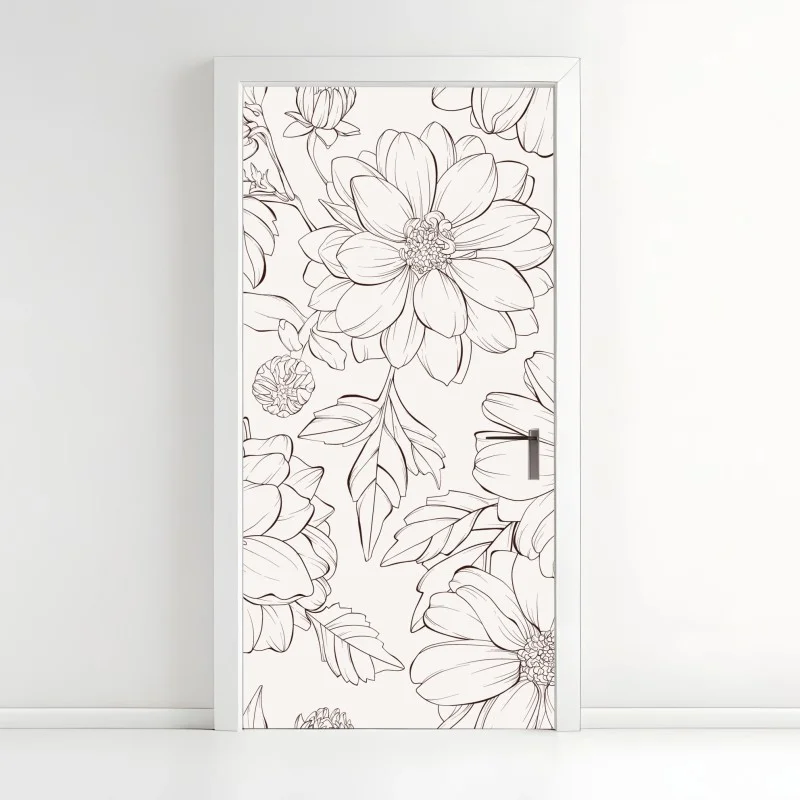 Pegatina para puerta estampado floral delicado en blanco y negro
