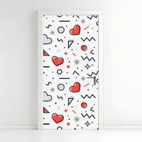 Pegatina para puerta patrón de corazones y formas geométricas estilo memphis – Pixers®