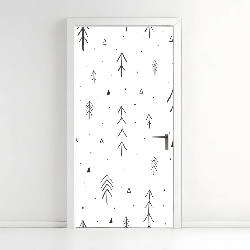 Pegatina para puerta patrón de pinos minimalista en blanco y negro