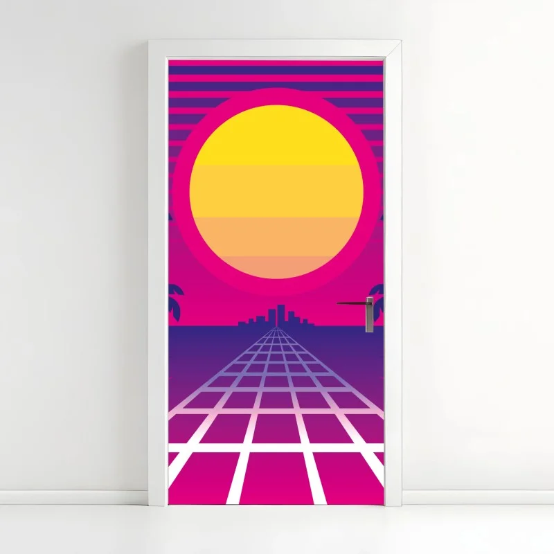 Pegatina para puerta atardecer retro en neón con palmeras y rejilla