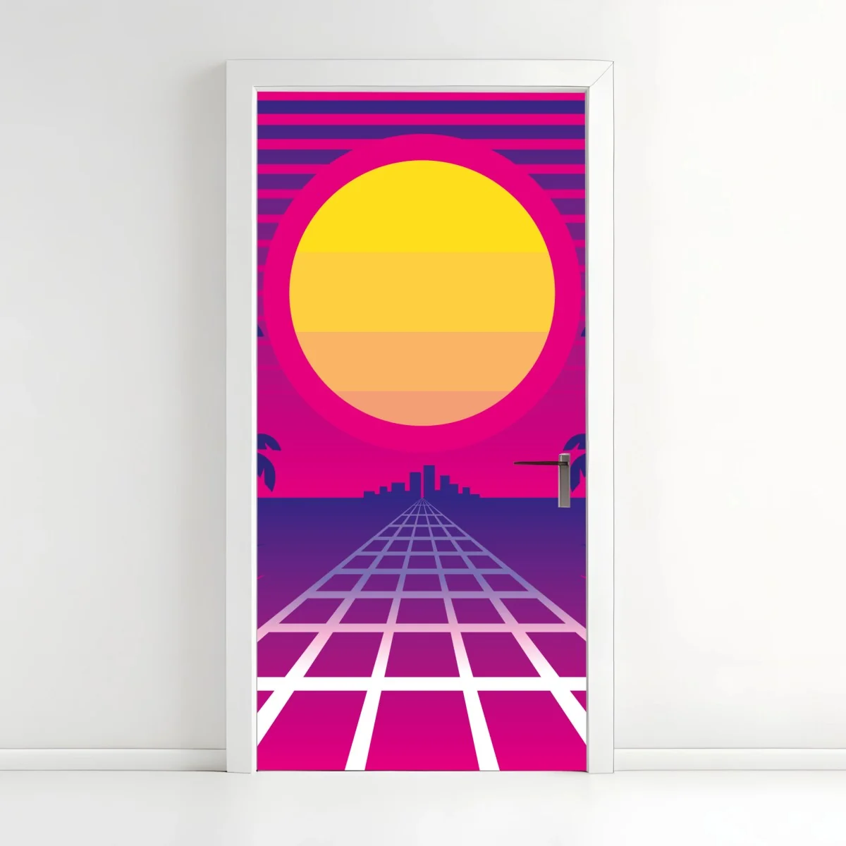 Pegatina para puerta atardecer retro en neón con palmeras y rejilla – Pixers® Pegatina para puerta atardecer retro en neón con palmeras y rejilla – Pixers®