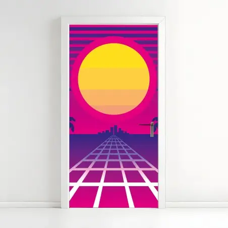 Pegatina para puerta atardecer retro en neón con palmeras y rejilla – Pixers®
