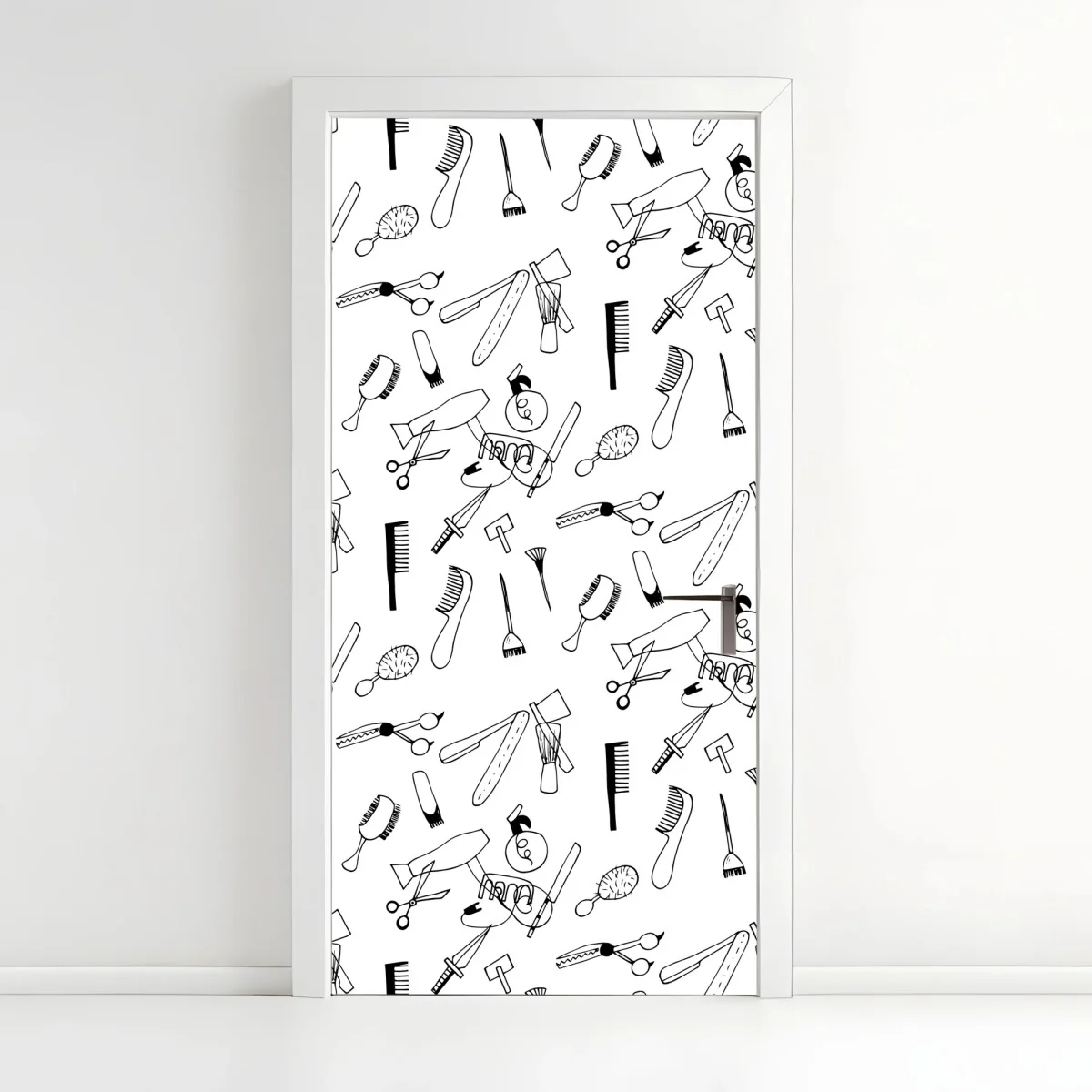 Pegatina para puerta patrón de herramientas de peluquería en blanco y negro – Pixers® Pegatina para puerta patrón de herramientas de peluquería en blanco y negro – Pixers®