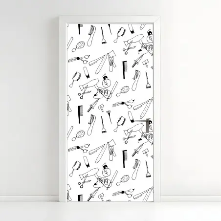 Pegatina para puerta patrón de herramientas de peluquería en blanco y negro – Pixers®