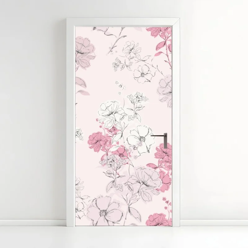 Pegatina para puerta patrón floral romántico en tonos rosa