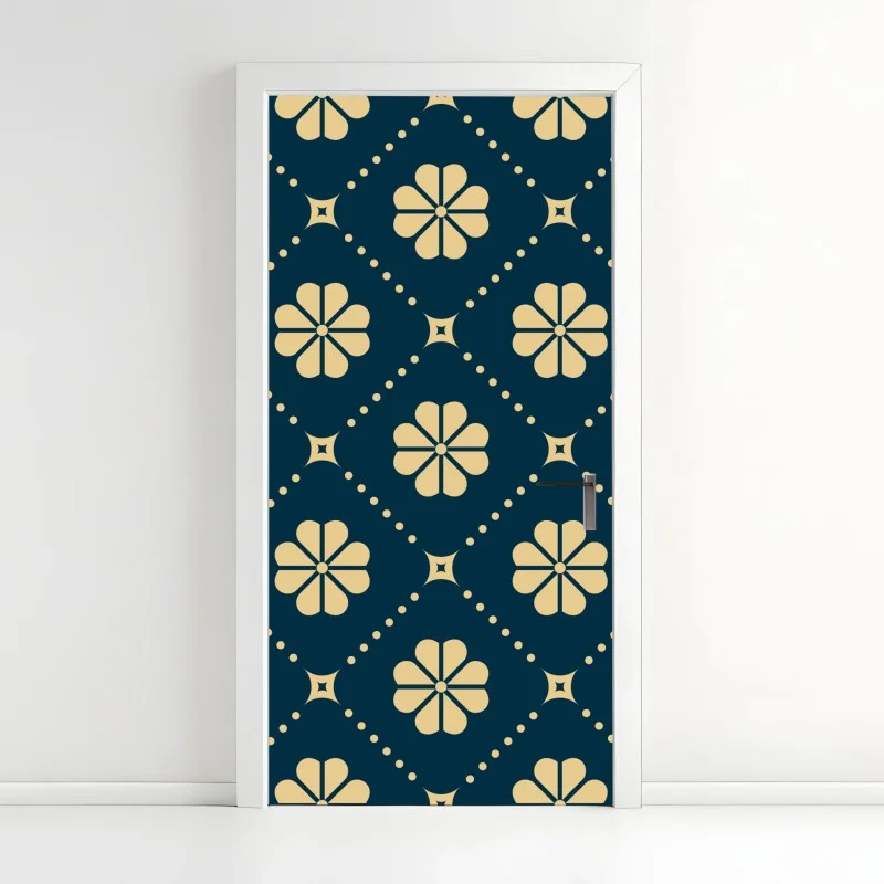 Pegatina para puerta patrón floral geométrico en azul marino y crema