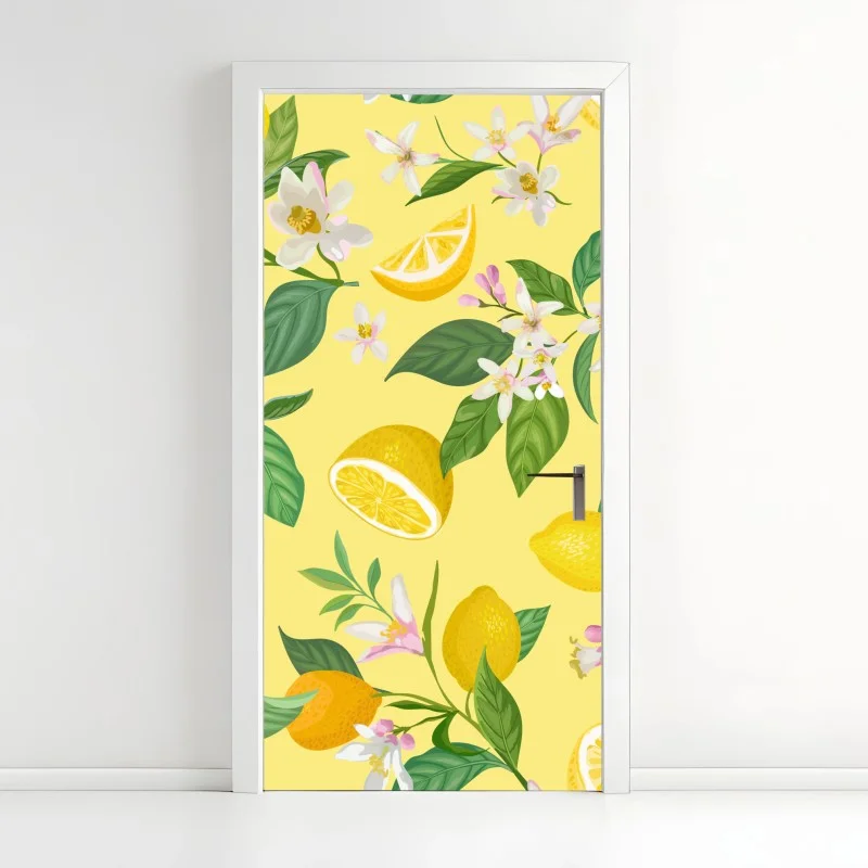 Pegatina para puerta estampado botánico de limones y flores sobre fondo amarillo