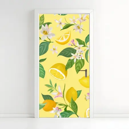Pegatina para puerta estampado botánico de limones y flores sobre fondo amarillo – Pixers®