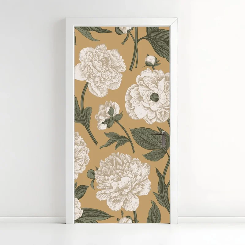 Pegatina para puerta estampado botánico de peonías sobre fondo beige