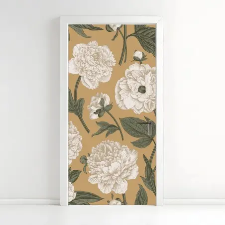 Pegatina para puerta estampado botánico de peonías sobre fondo beige – Pixers®
