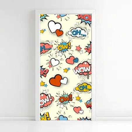 Pegatina para puerta patrón pop art con onomatopeyas y corazones – Pixers®