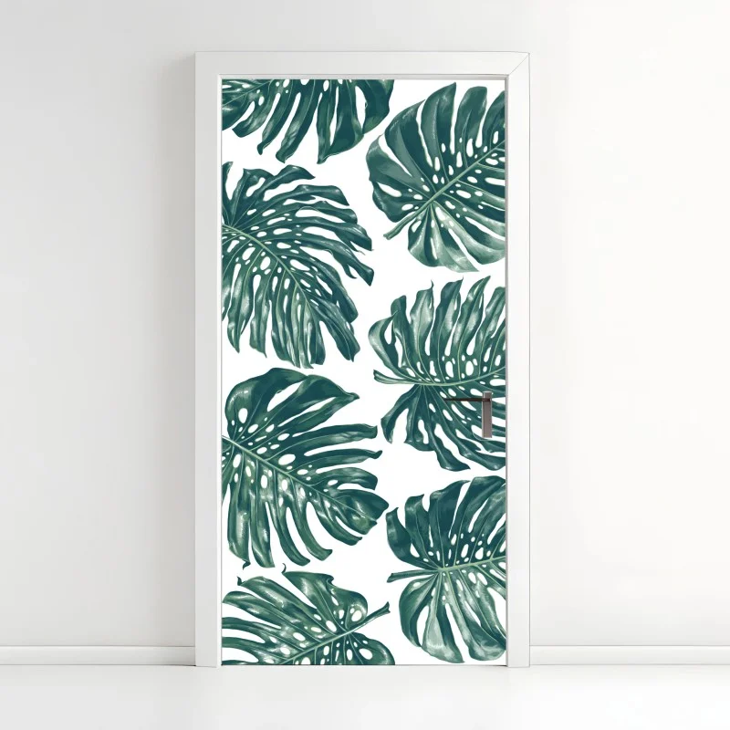 Pegatina para puerta patrón tropical de hojas de monstera en verde