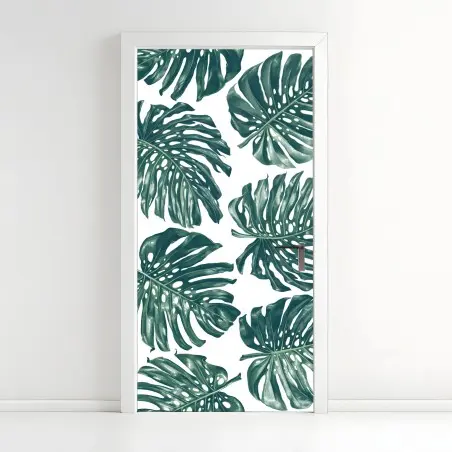 Pegatina para puerta patrón tropical de hojas de monstera en verde – Pixers®