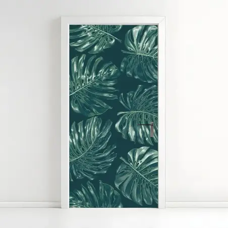 Pegatina para puerta patrón de hojas de monstera en tonos verdes – Pixers®
