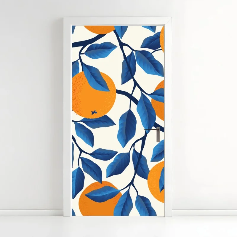 Pegatina para puerta estampado de naranjas y hojas azules