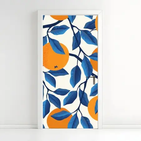 Pegatina para puerta estampado de naranjas y hojas azules – Pixers®