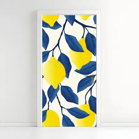 Pegatina para puerta limones y hojas azules sobre fondo claro – Pixers®