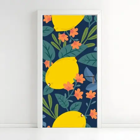 Pegatina para puerta estampado de limones y hojas sobre fondo azul – Pixers®