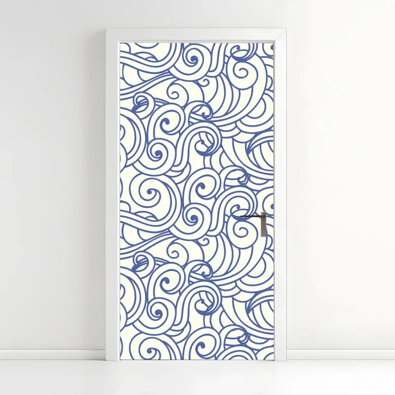 Pegatina para puerta patrón de olas ornamentales en azul