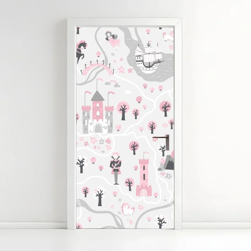 Pegatina para puerta mapa de cuento de hadas en rosa y gris
