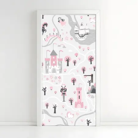 Pegatina para puerta mapa de cuento de hadas en rosa y gris – Pixers®