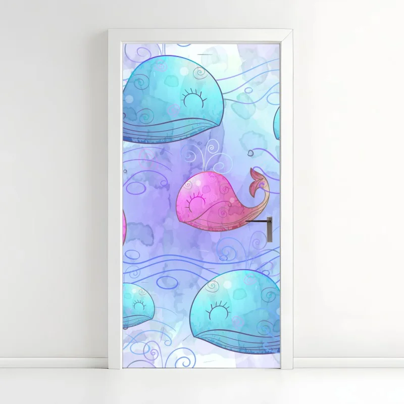 Pegatina para puerta ballenas acuareladas en tonos pastel para decoración infantil
