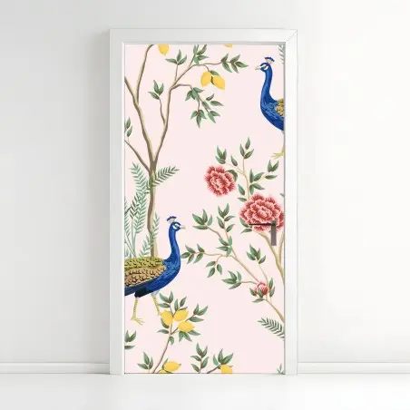 Pegatina para puerta pavos reales y flores sobre fondo rosa – Pixers®