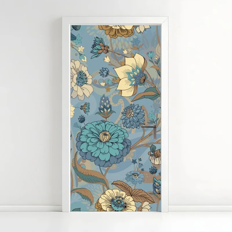 Pegatina para puerta patrón floral vintage en tonos azules y turquesa