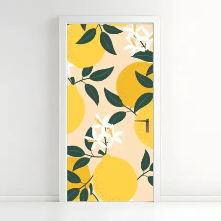 Pegatina para puerta diseño de limones y flores sobre fondo suave – Pixers®