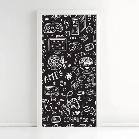 Pegatina para puerta diseño doodle de videojuegos sobre fondo oscuro – Pixers®