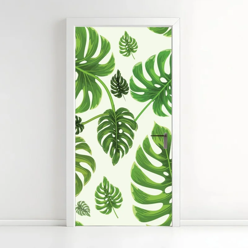 Pegatina para puerta diseño tropical de hojas de monstera