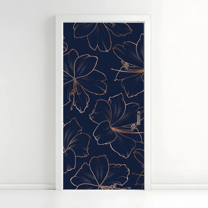 Pegatina para puerta diseño floral noche azul con contornos dorados