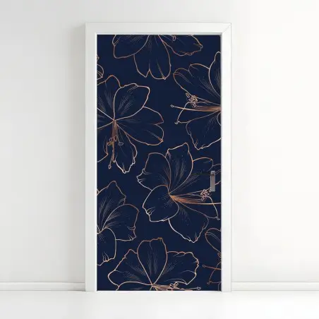 Pegatina para puerta diseño floral noche azul con contornos dorados – Pixers®