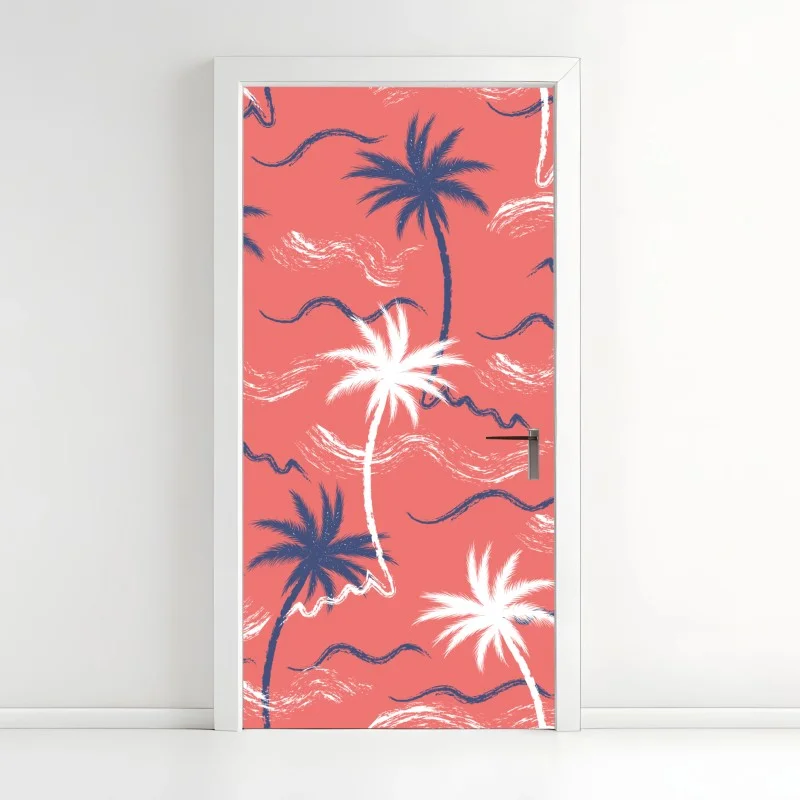 Pegatina para puerta diseño tropical de palmeras en coral