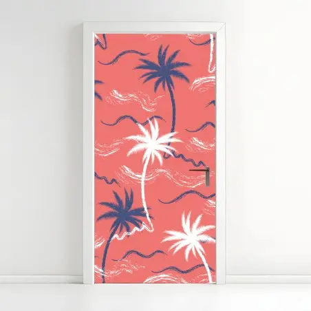 Pegatina para puerta diseño tropical de palmeras en coral – Pixers®