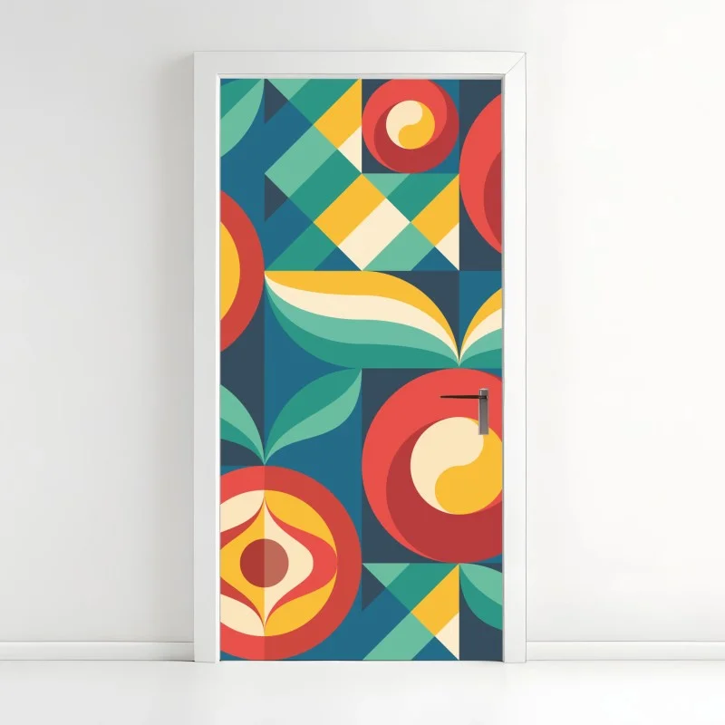 Pegatina para puerta patrón floral geométrico en tonos cálidos