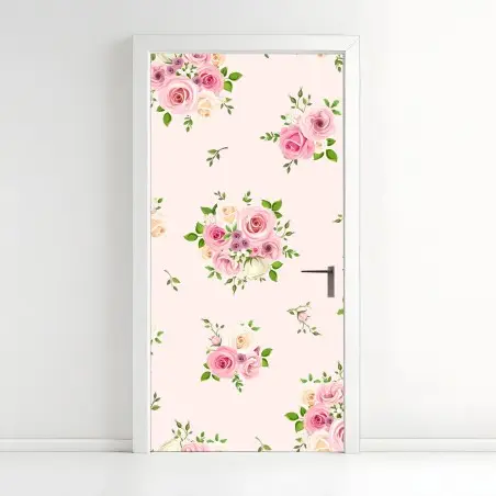 Pegatina para puerta ramos de rosas en tonos pastel sobre fondo rosa claro – Pixers®