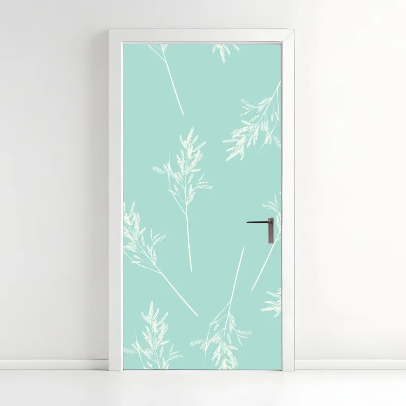 Pegatina para puerta follaje delicado sobre fondo turquesa