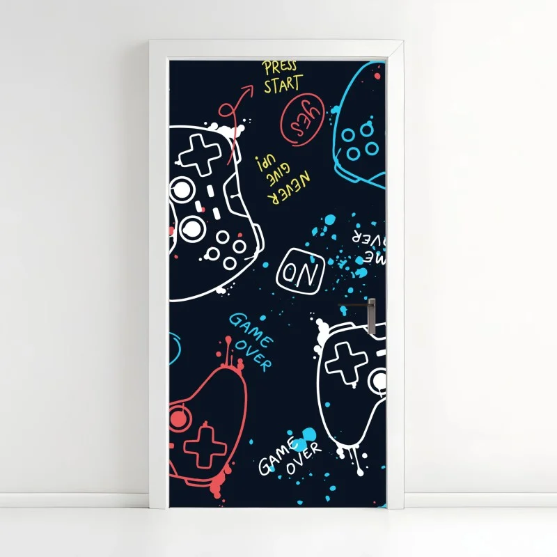 Pegatina para puerta patrón gamer en colores neón sobre fondo oscuro