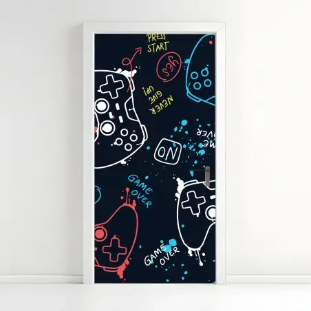 Pegatina para puerta patrón gamer en colores neón sobre fondo oscuro – Pixers®