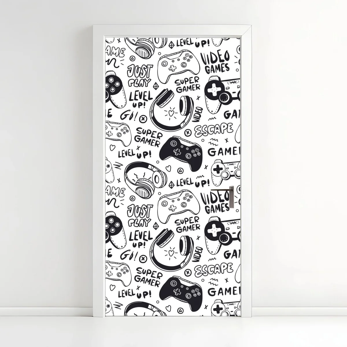 Pegatina para puerta patrón de videojuegos en estilo doodle blanco y negro – Pixers® Pegatina para puerta patrón de videojuegos en estilo doodle blanco y negro – Pixers®