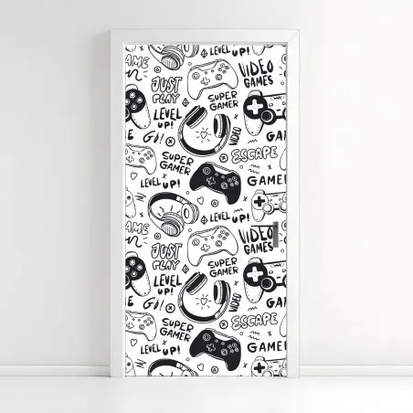 Pegatina para puerta patrón de videojuegos en estilo doodle blanco y negro – Pixers®