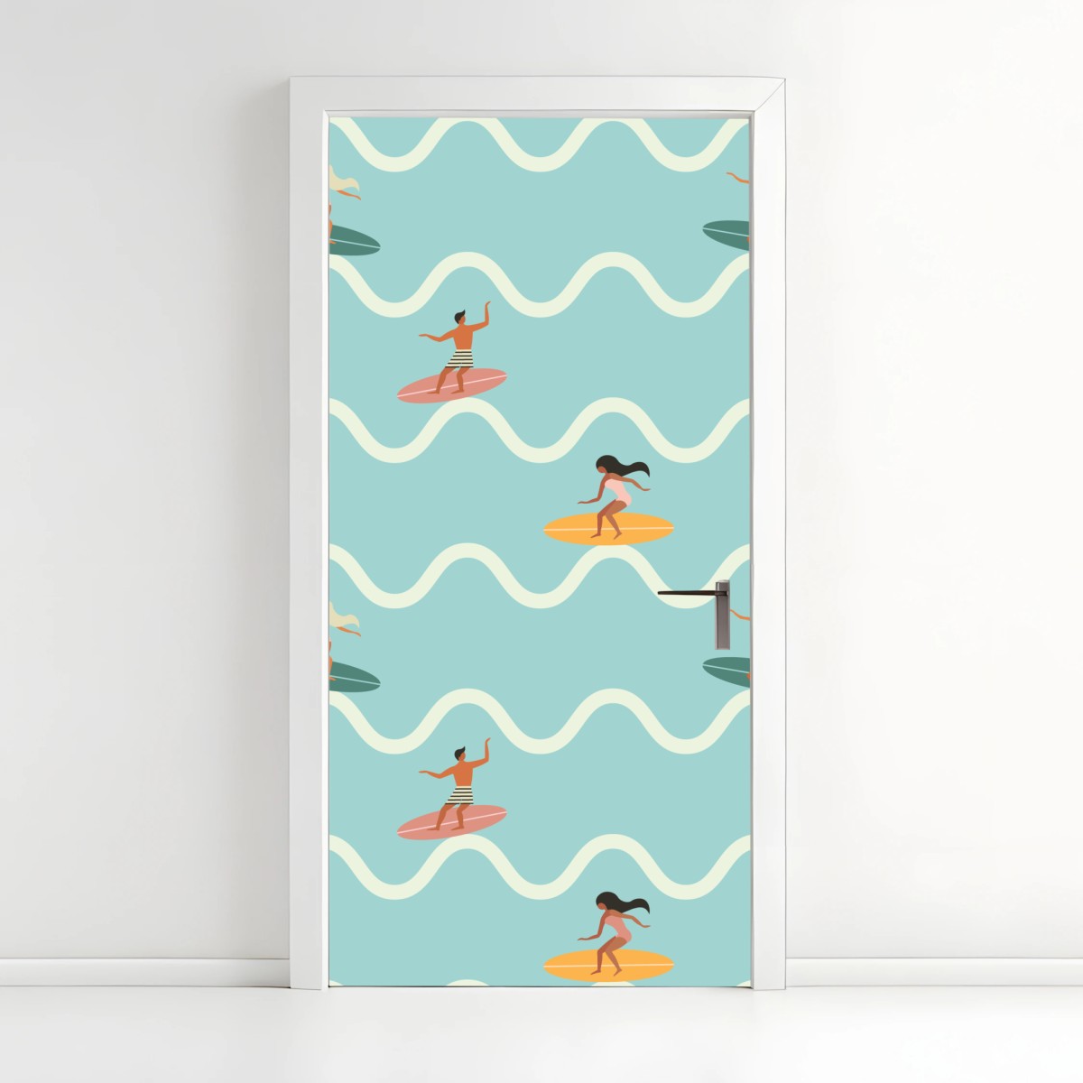 Pegatina para puerta estampado de surfistas y olas en tonos pastel – Pixers®