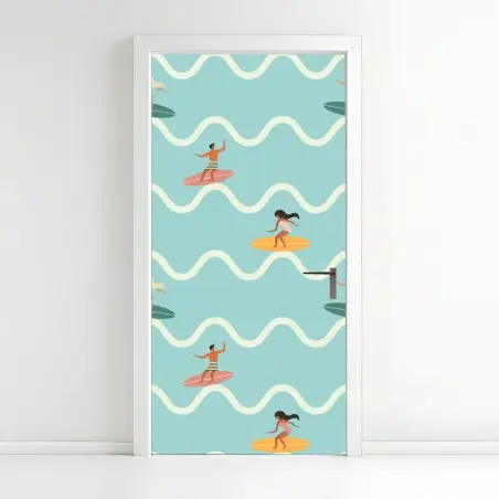 Pegatina para puerta estampado de surfistas y olas en tonos pastel – Pixers®