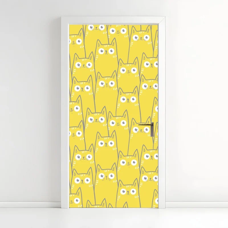 Pegatina para puerta patrón encantador de gatos amarillos